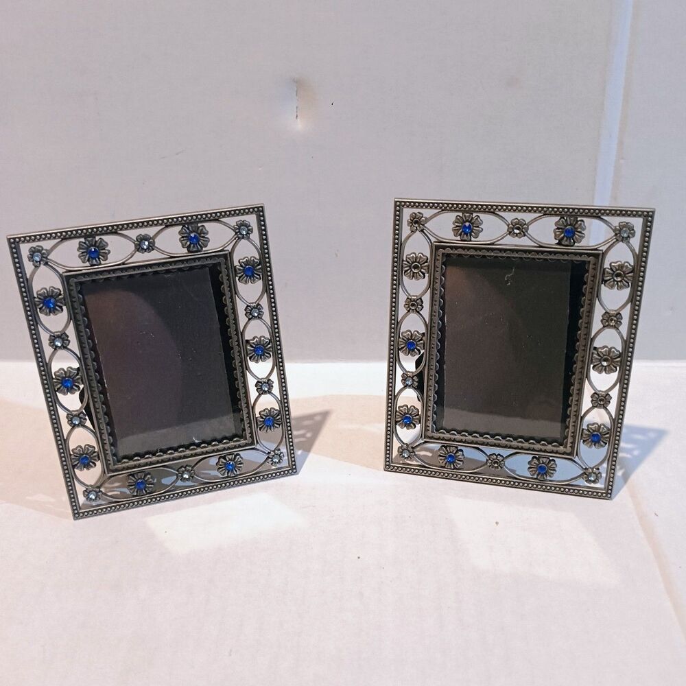 Heirloom Pewter Floral Photo Frame-Lot Of 2-Rhinestone Accents-Filigree-5"x4"